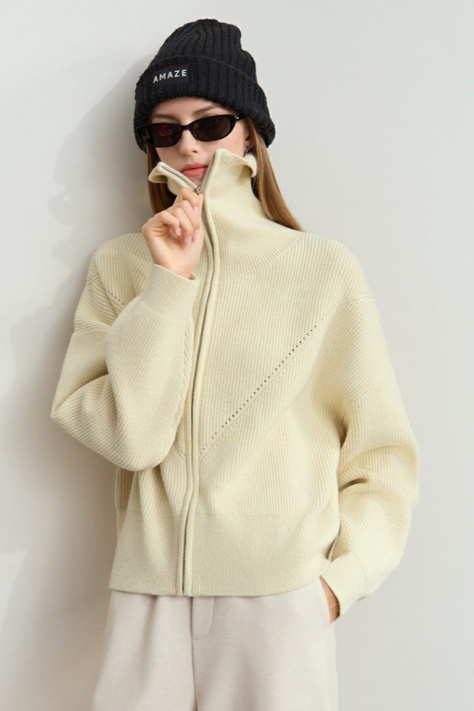 Naval-collar Zip Lazy-style Thick Knit Cardigan