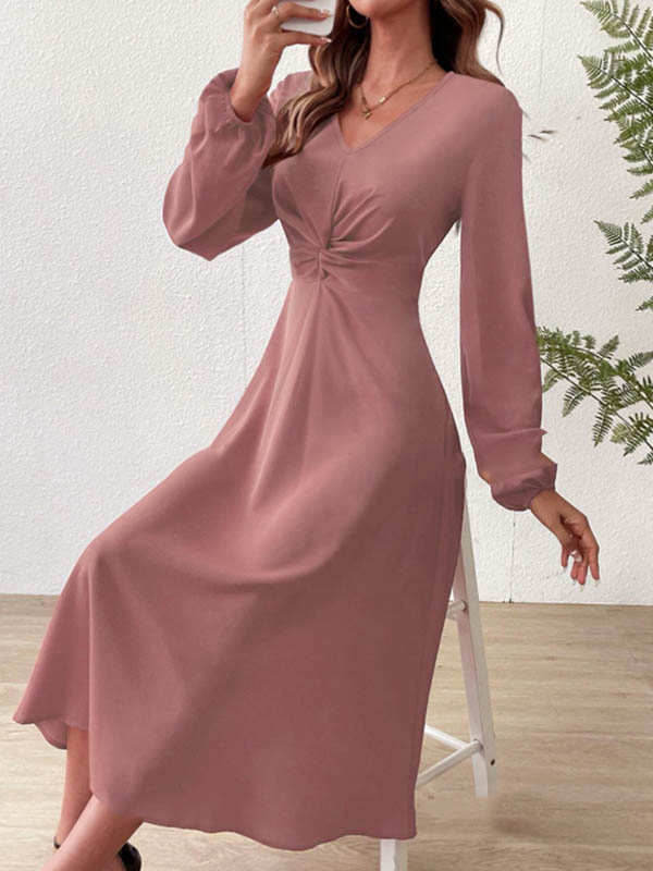 A-line High Waisted Pleated Color Zipper V-neck Midi Dresses