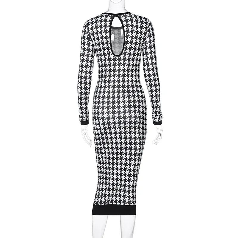 Houndstooth Print Long Sleeve Midi Dress Hollow Out Bodycon Autumn Winter Club Slim