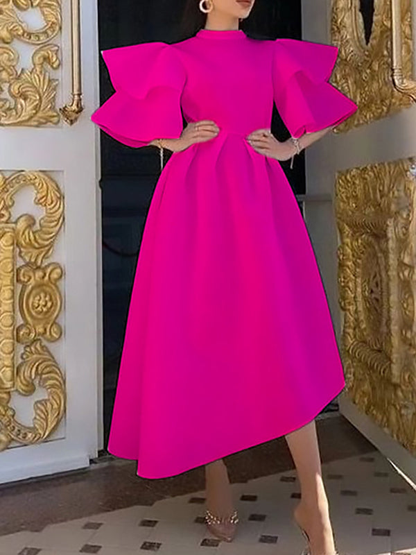 Original Loose Half Sleeves Falbala Color Round-neck Midi Dresses