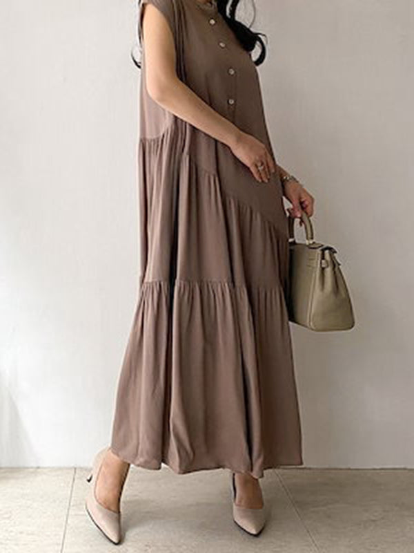 A-line Loose Buttoned Pleated Ruffled Color Split-joint Tiered Stand Collar Midi Dresses