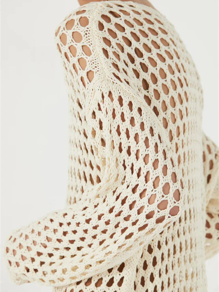 Knit Hollow Out Cover Up Mini Dress for See-through Loose Beach Holiday Clothes Summer Patchwork Knitwear Cover Up