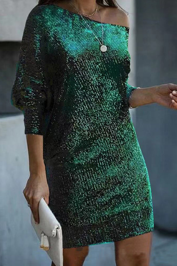 Sequined Off-shoulder Loose Mini Dress