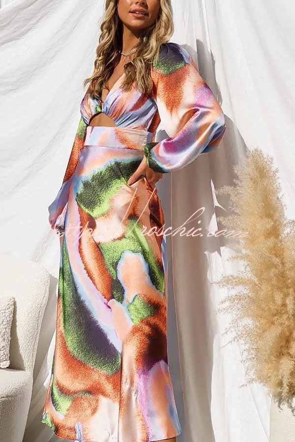 Own the Evening Satin Neon Print Cutout Midi Dress