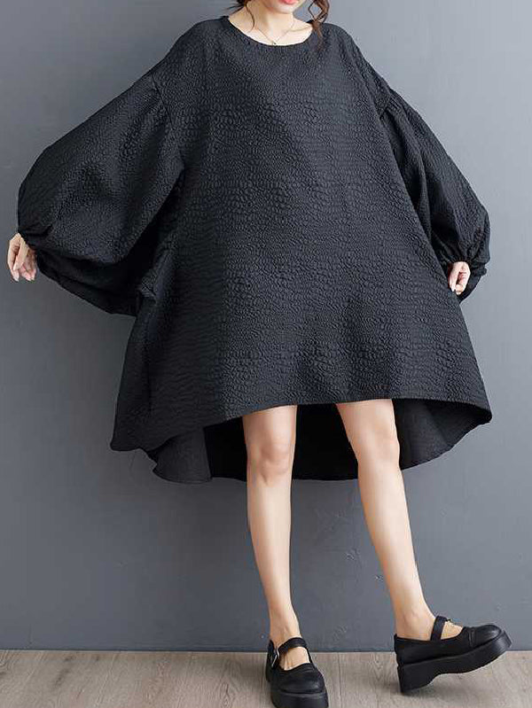 High-low Long Sleeves Elasticity Color Split-joint Round-neck Midi Dresses