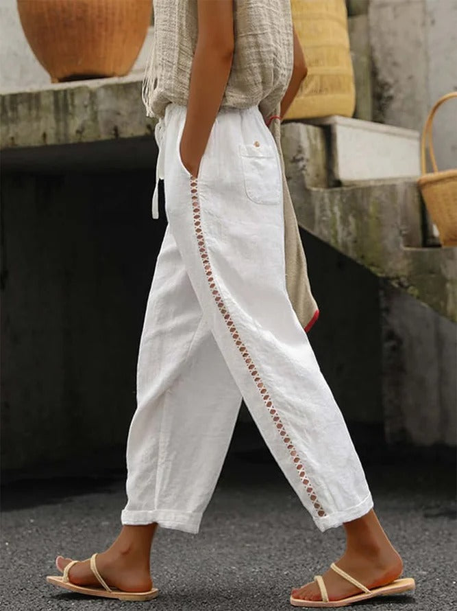 Loose Hollow Out Lace Pockets Drawstring Waist Plain Linen Pants