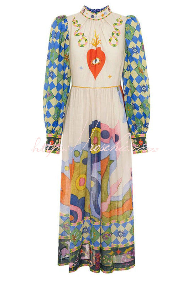 Dear to My Heart Unique Print Lantern Sleeve A-line Midi Dress