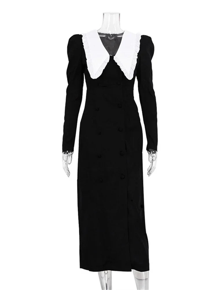 Autumn Maxi Dress Female Patchwork V-neck Contrast Slim High Split Party Dress Gown Dress