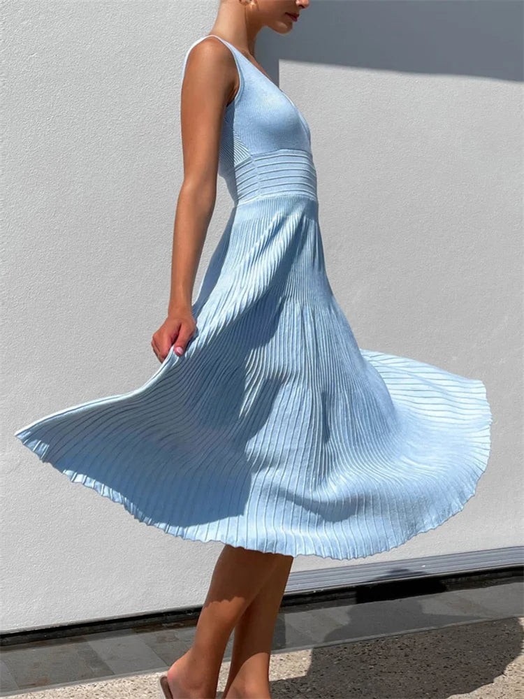 Knit V-neck for Maxi Dress Y2k Backless Knitwear Party Dress Baggy High Waist Summer Female Dress