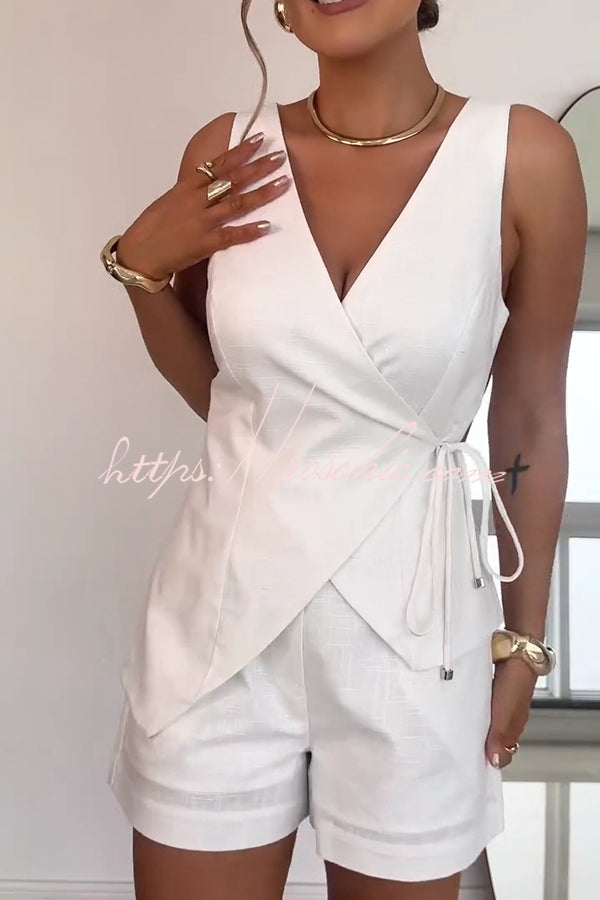 Color Sleeveless V-neck Top and Loose Shorts Set