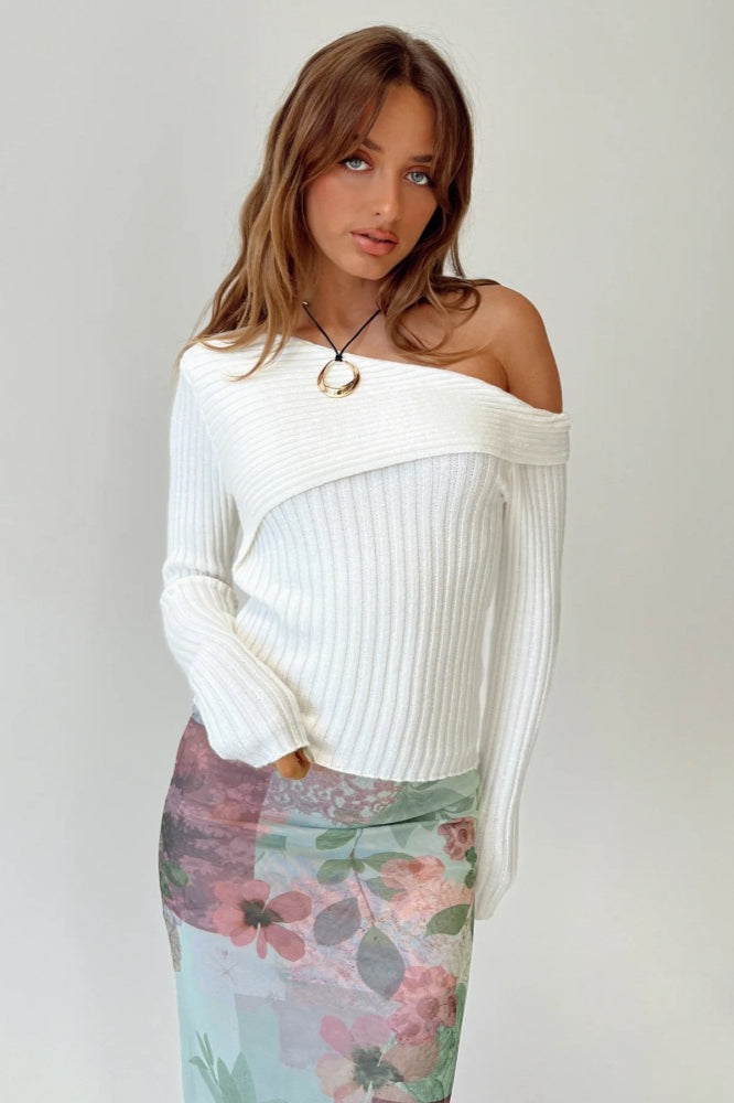 Fitted Off-shoulder Ribbed Knit Sweater