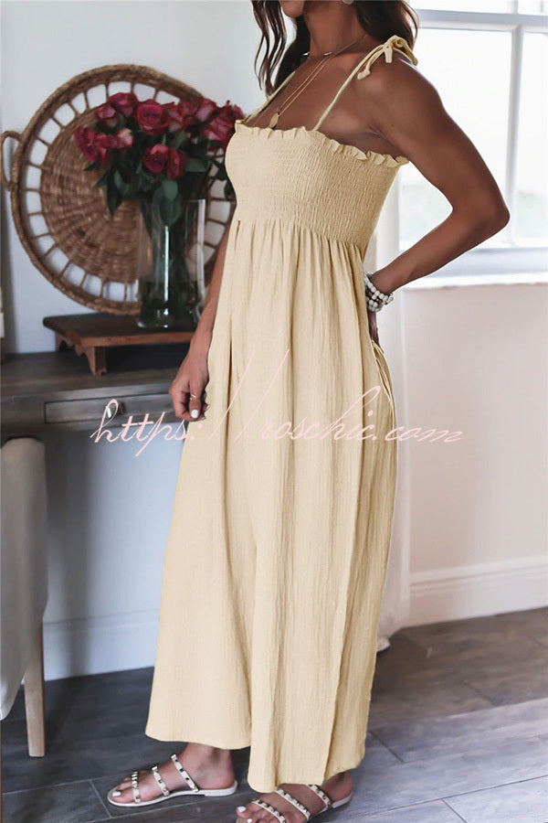 Color High Waist Linen Blend Suspender Pleated Jumpsuit