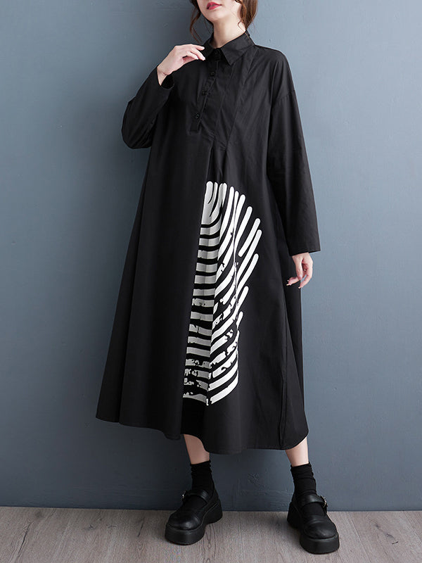 A-line Long Sleeves Asymmetric Buttoned Striped Lapel Midi Dresses
