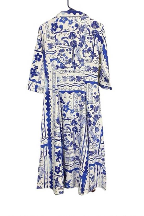 Unique Greek Print Button-front Midi Dress