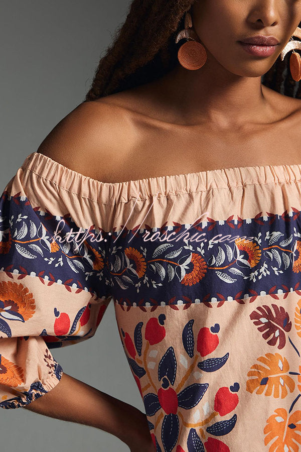 Island Lover Printed Off the Shoulder Pocketed Flowy Midi Dress