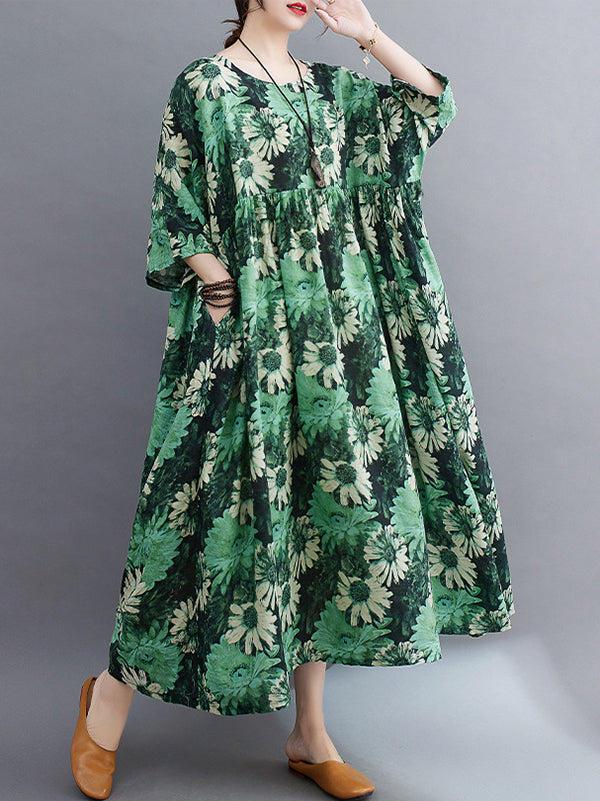 Loose Raglan Sleeve Printed Pleated Split-joint Round-neck Midi Dresses
