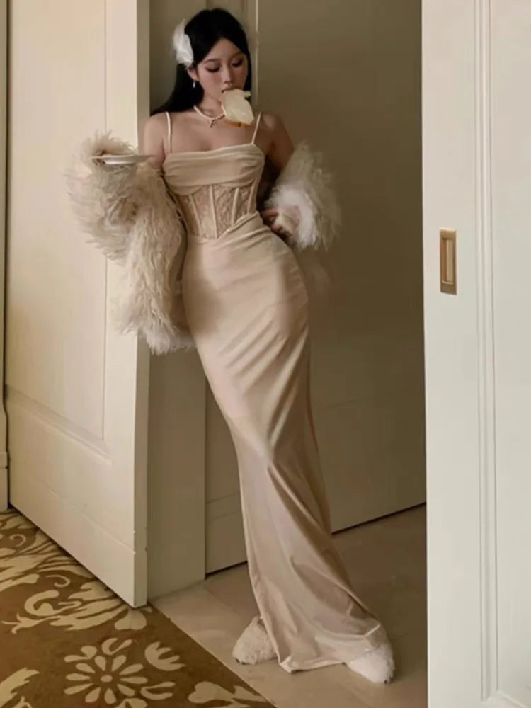 Bodycon Long Dresses for Evening Party Prom Robe Wedding Dress Velvet Lace Patchwork Spaghetti Strap Slim Vestidos