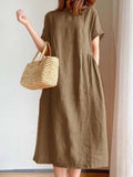 Loose Color Round-neck Midi Dresses