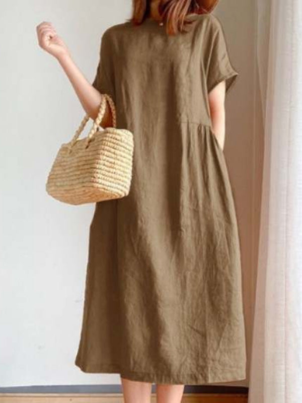 Loose Color Round-neck Midi Dresses