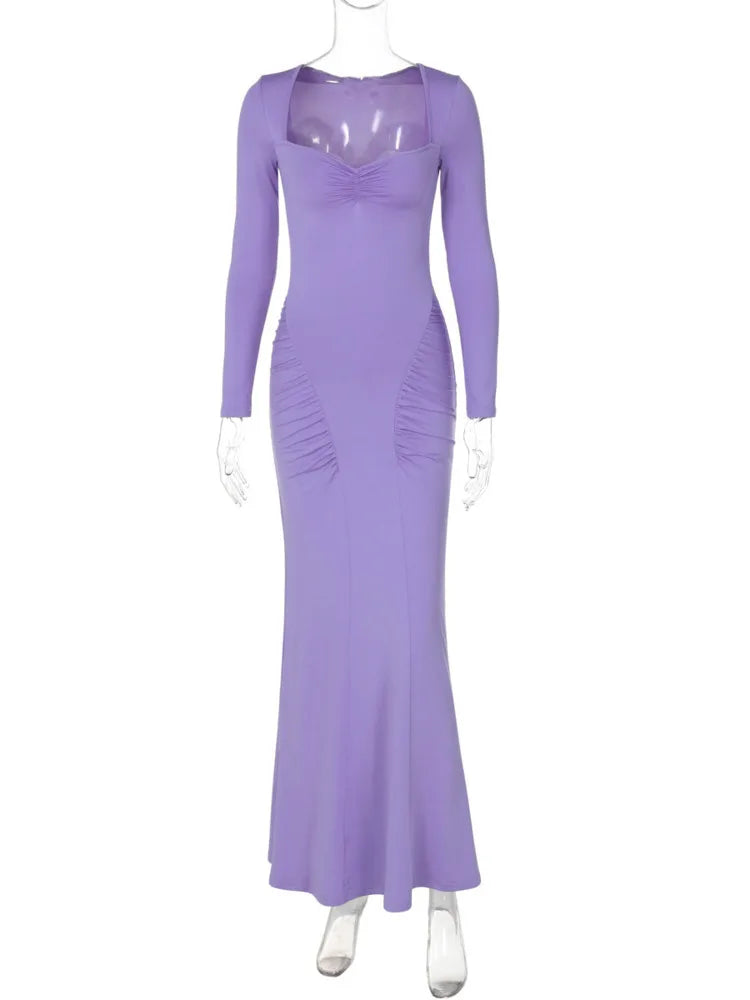 Square Collar Long Sleeve Long Dress for Gown Autumn Bodycon Maxi Dress Clubwear
