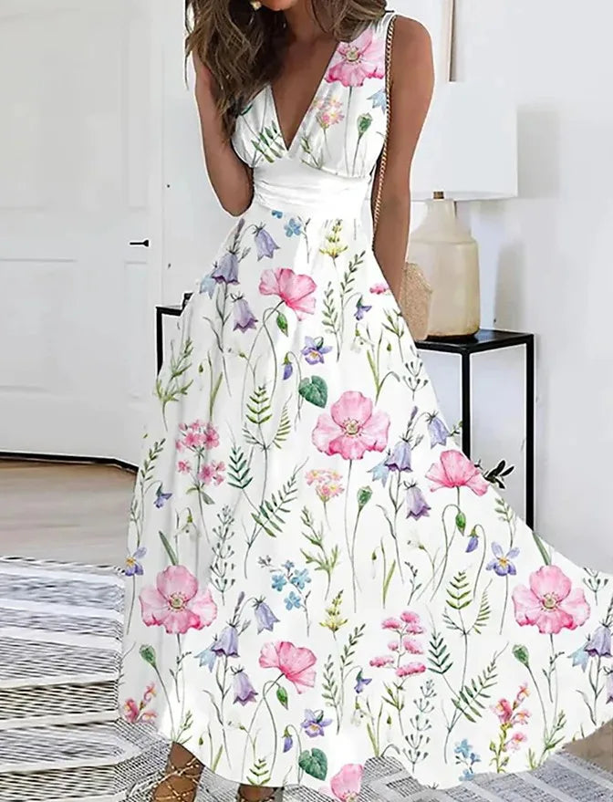 Summer Flower Printed Sleeveless Long Dresses V-neck Lady Party A-line Dress Maxi Evening Vestidos New