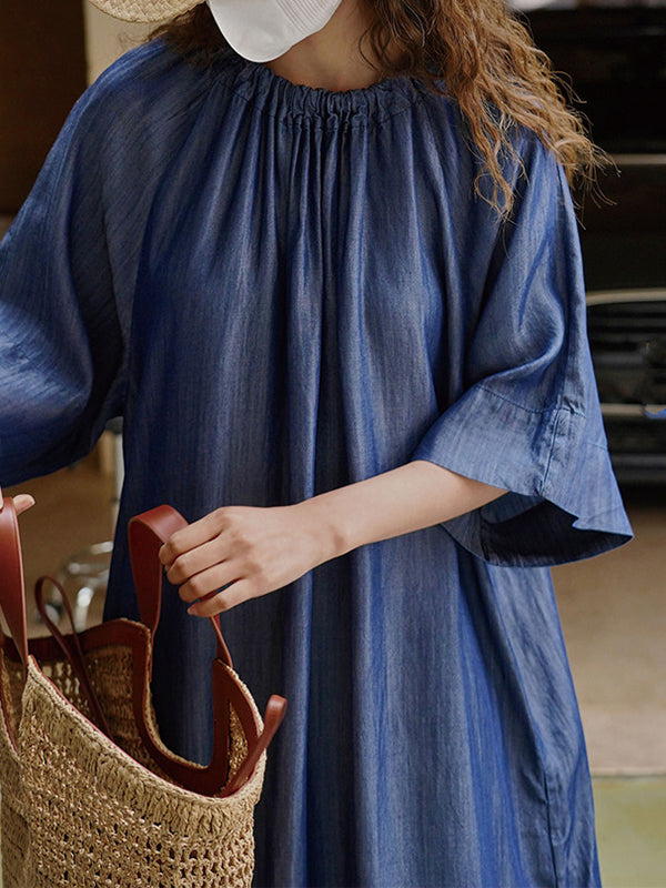 Loose Raglan Sleeve Drawstring Lace-up Pleated Color Round-neck Midi Dresses