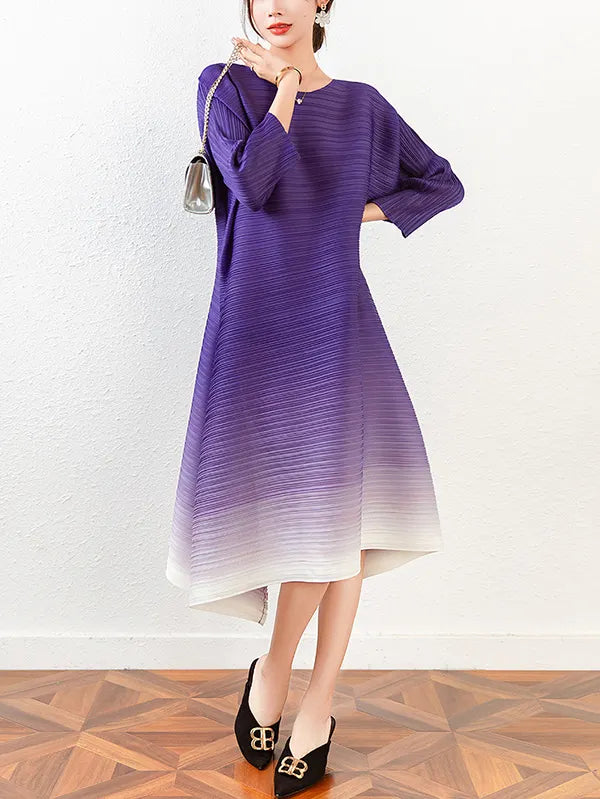 Original Long Sleeves Loose Pleated Gradient Round-neck Midi Dresses