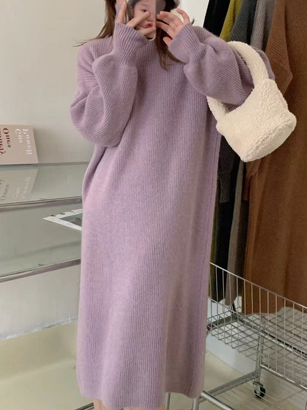 Long Sleeves Loose Color High Neck Midi Dresses Sweater Dresses