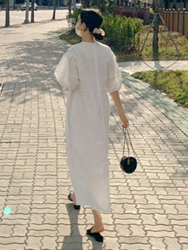 Round-neck Bishop Sleeve Loose Color Midi Dress