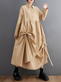 A-line Long Sleeves Buttoned Pleated Pockets Color Tied Lapel Midi Dresses Shirt Dress