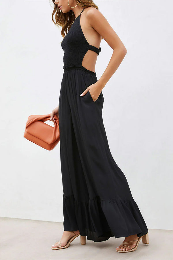 Color Halter Neck Open Back Flared Jumpsuit