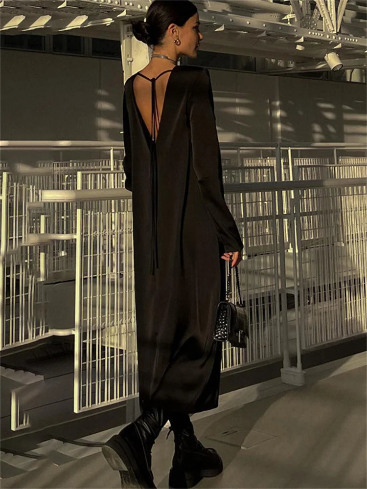 Backless Lace-up Slim Maxi Dress Female Black Autumn Bandage Long Sleeve Patchwork Long Dress