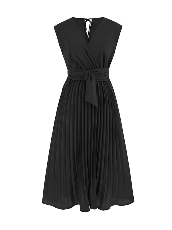 Sleeveless Pleated Color Tied Waist V-neck Midi Dresses