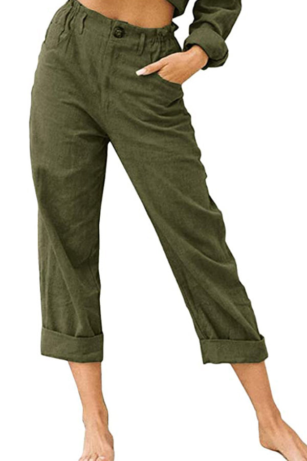 Color Cotton and Linen Fashionable Loose High Waist Pants