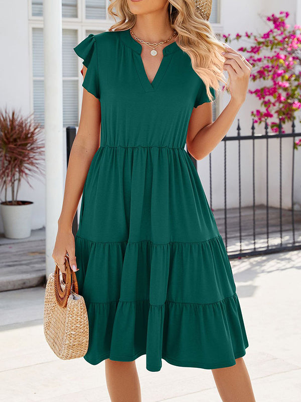 Loose Ruffle Sleeves Pleated Pockets Color Split-joint V-neck Midi Dresses
