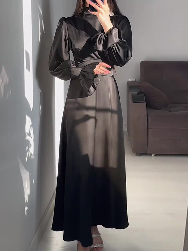 A-line Long Sleeves Pleated Color Tied Waist Zipper Mock Neck Maxi Dresses