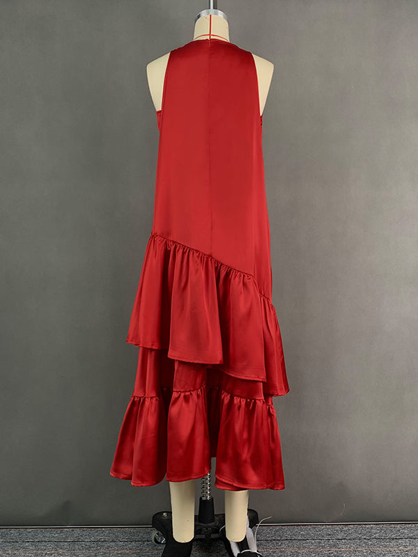 A-line Loose Double Layered Pleated Color Split-joint Zipper Cold Shoulder Midi Dresses
