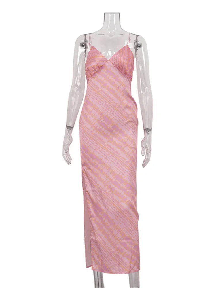 Printed Contrast Maxi Dress ’s V-neck Backless Side Split Slim Autumn Party Dress Female Clothes