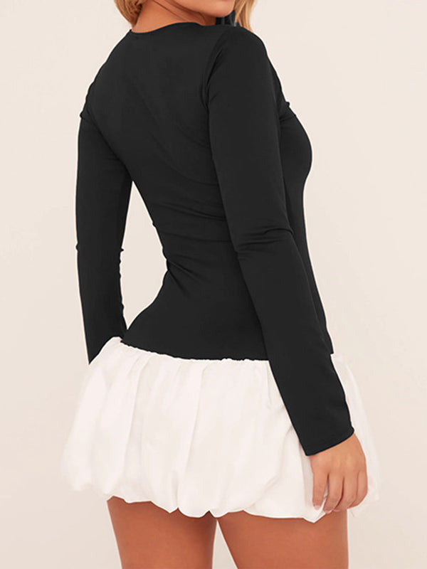 Long Sleeves Skinny Contrast Color Pleated Split-joint Round-neck Mini Dresses