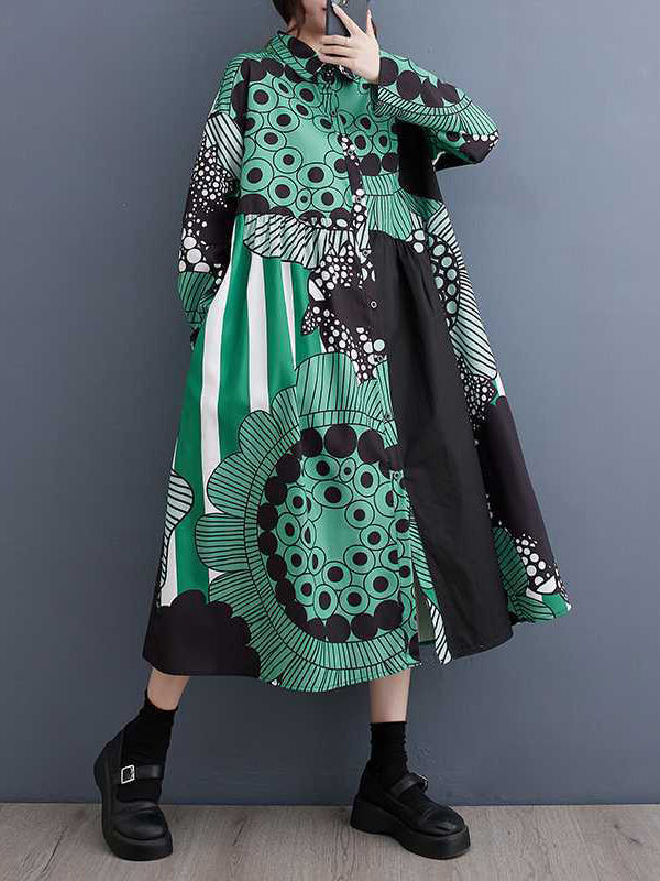 A-line Long Sleeves Asymmetric Buttoned Printed Split-joint Lapel Midi Dresses Shirt Dress