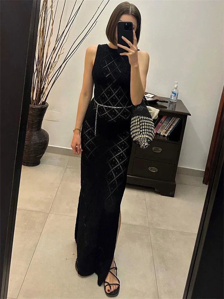 Hollow Out Sleeveless Maxi Dress High Split Beach Holiday Mesh Dress Patchwork Knitwear Autumn Dress