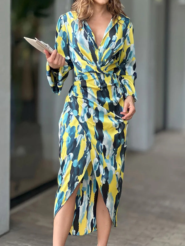 High Waisted Long Sleeves Asymmetric Pleated Printed Split-joint Deep V-neck Midi Dresses