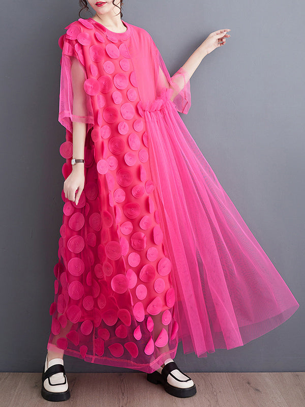 Loose Short Sleeves Asymmetric Gauze Split-joint Round-neck Midi Dresses