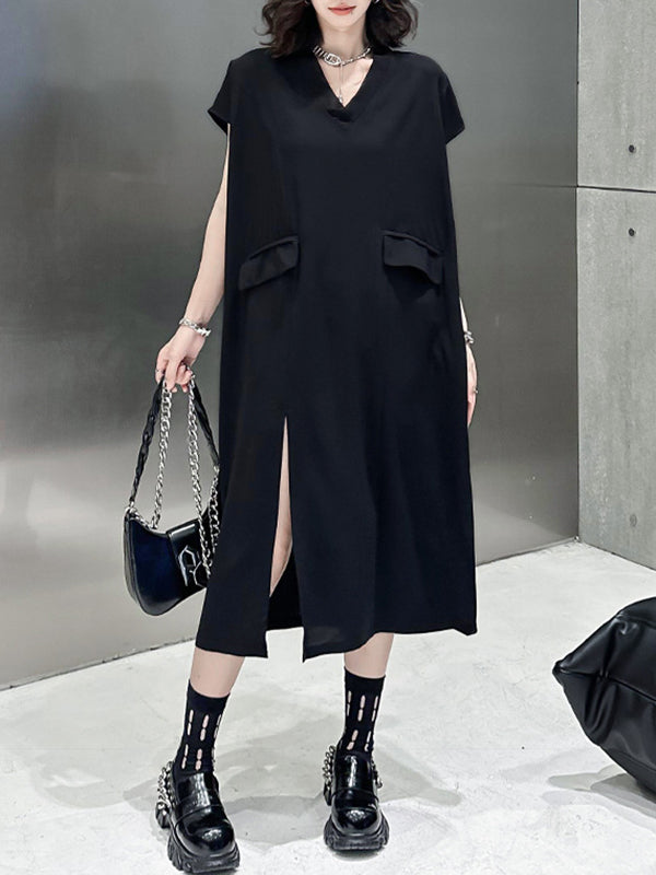 Loose Short Sleeves Asymmetric Color Split-joint Split-side V-neck Midi Dresses