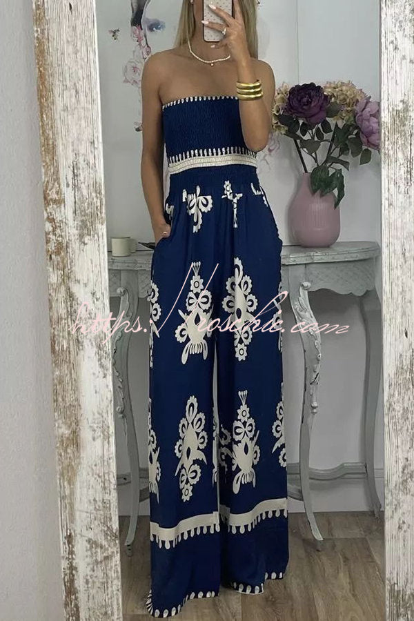 Larsen Print Off Shooulder Smocked Bust Pocketed Jumpsuit