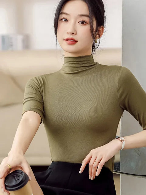 Half Turtleneck Milk Silk Tops Short Sleeve Slim T-shirt Color Basic Trend Bottoming Shirt High Street Blouse