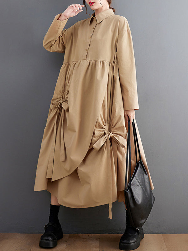 A-line Long Sleeves Buttoned Pleated Pockets Color Tied Lapel Midi Dresses Shirt Dress