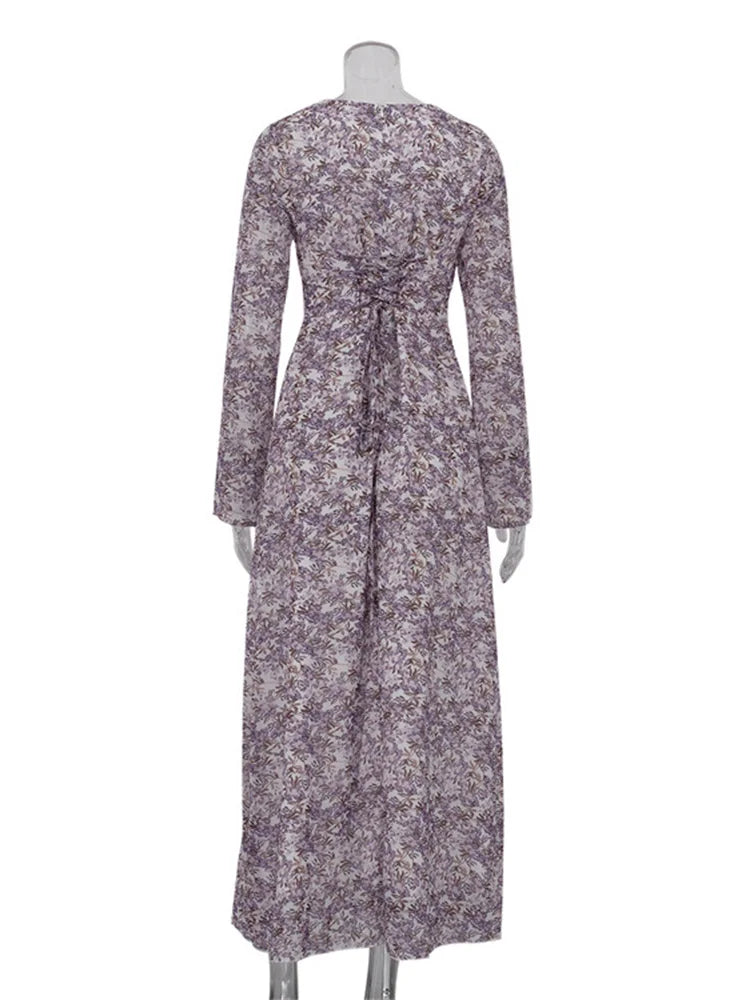 Printed Maxi Dress for Lace-up Long Sleeve Party Dress High Waist Bandage ’s Bodycon Dress New