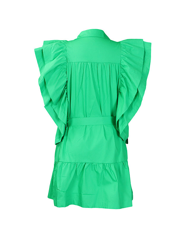 A-line High Waisted Buttoned Pleated Ruffled Color Tied Waist Lapel Mini Dresses