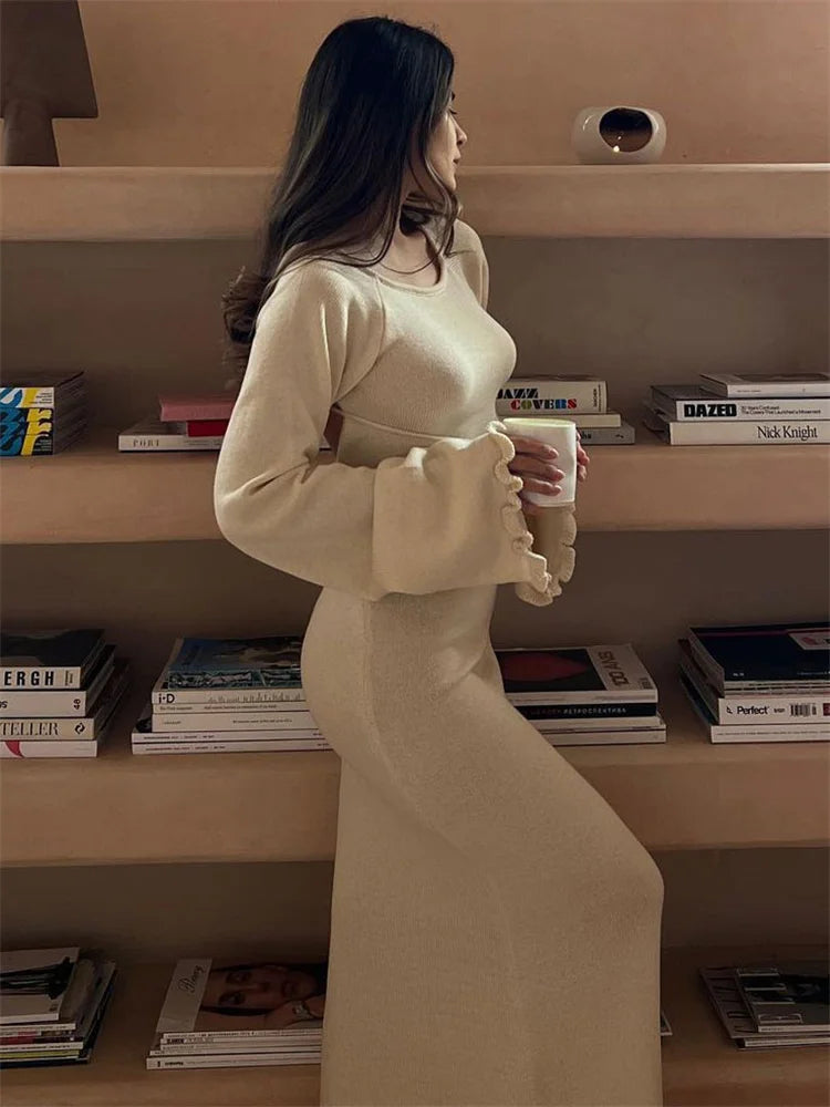 Ruffled Backless Knit Dress Female Lace-up High Waist Long Sleeve Maxi Dress Knitwear Bandage Dress